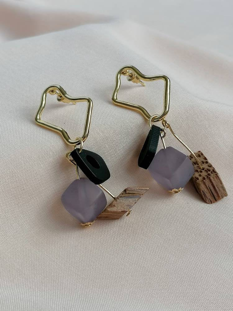 Abstract Gold & Wood Drop Light Earrings