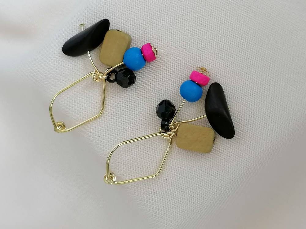 Abstract Black, Bright Blue & Pink Wood Charm Dangle Earrings