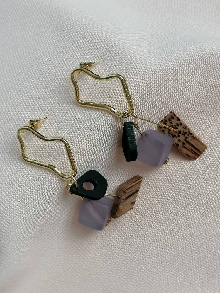 Abstract Gold & Wood Drop Light Earrings