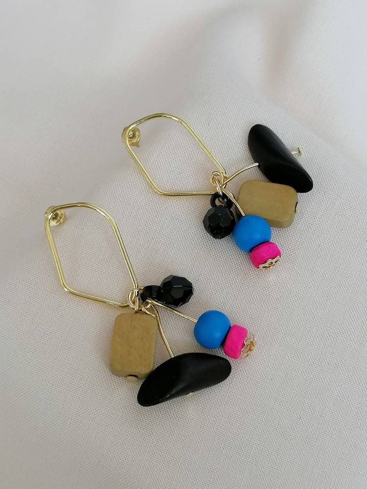 Abstract Black, Bright Blue & Pink Wood Charm Dangle Earrings