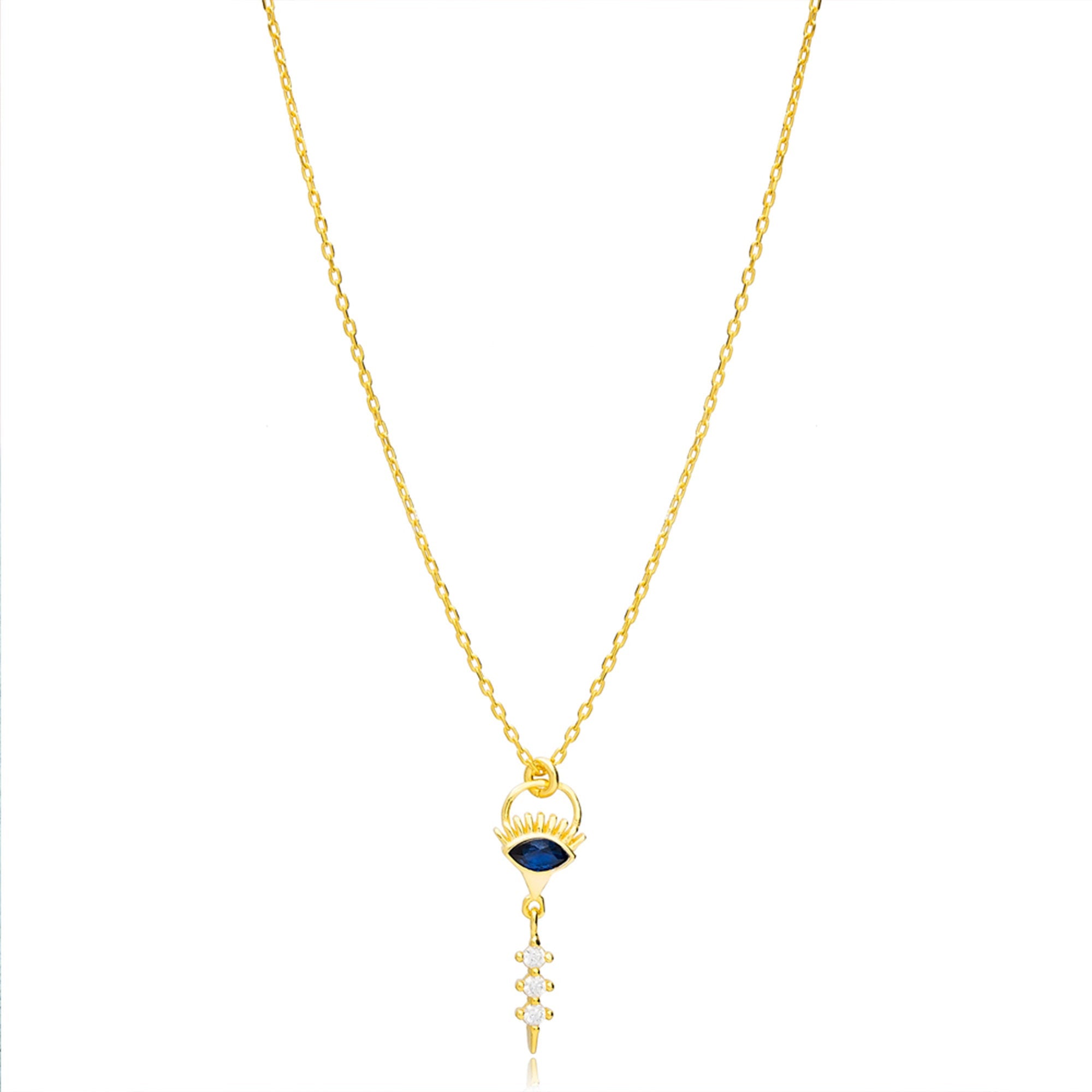 Blue Evil Eye Drop Charm Necklace - 925 Sterling Silver