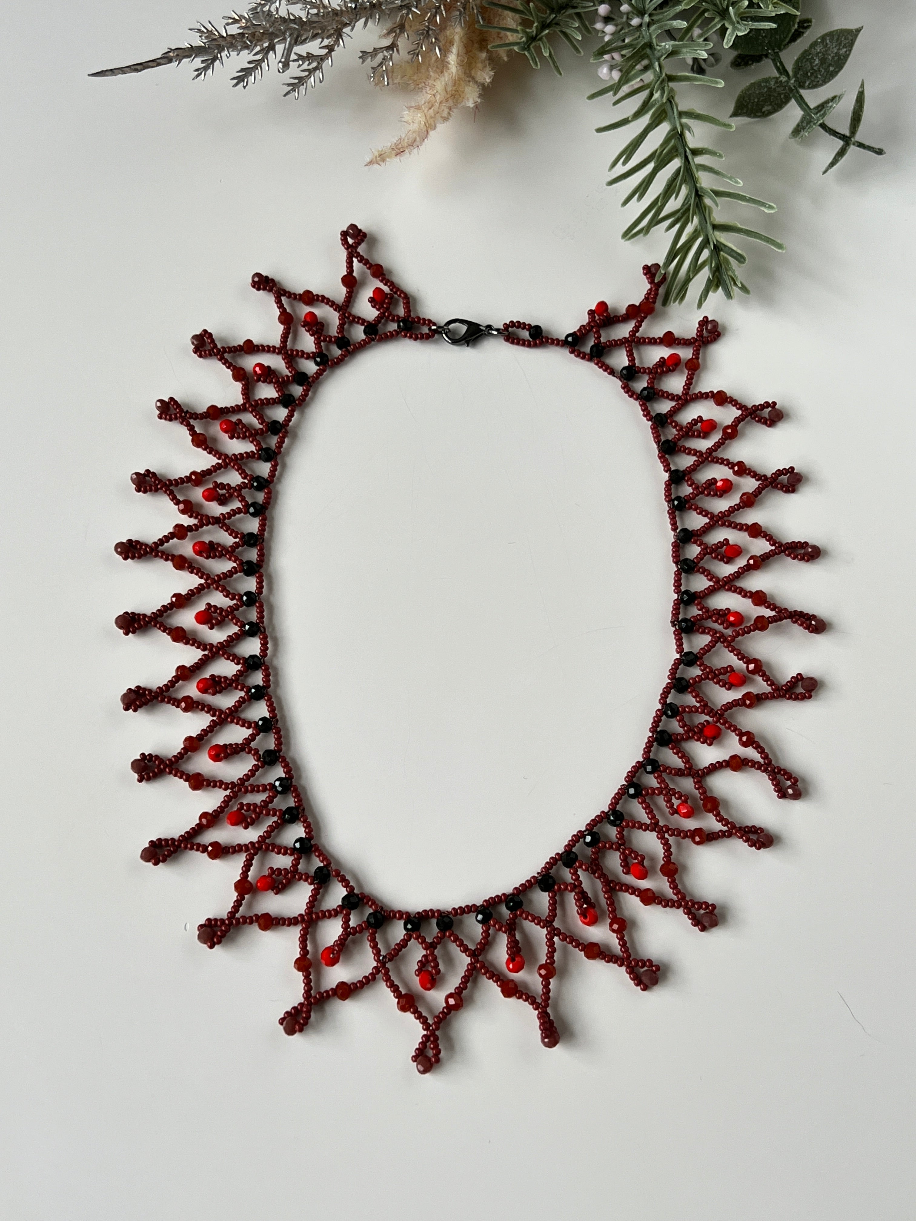 Red/Brown Beaded Handmade Statement Necklace