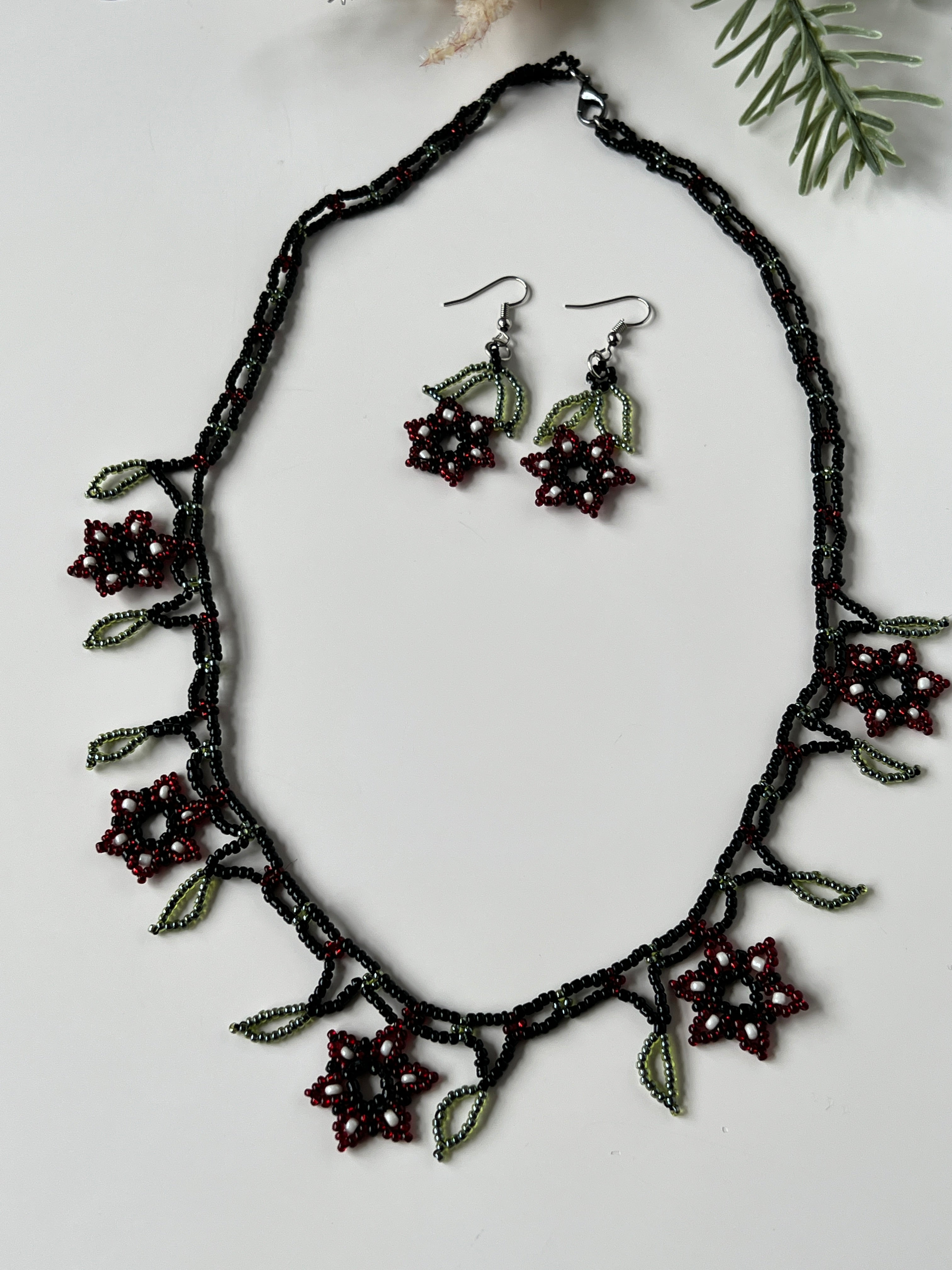 Black Beaded Flower Necklace & Earring Set