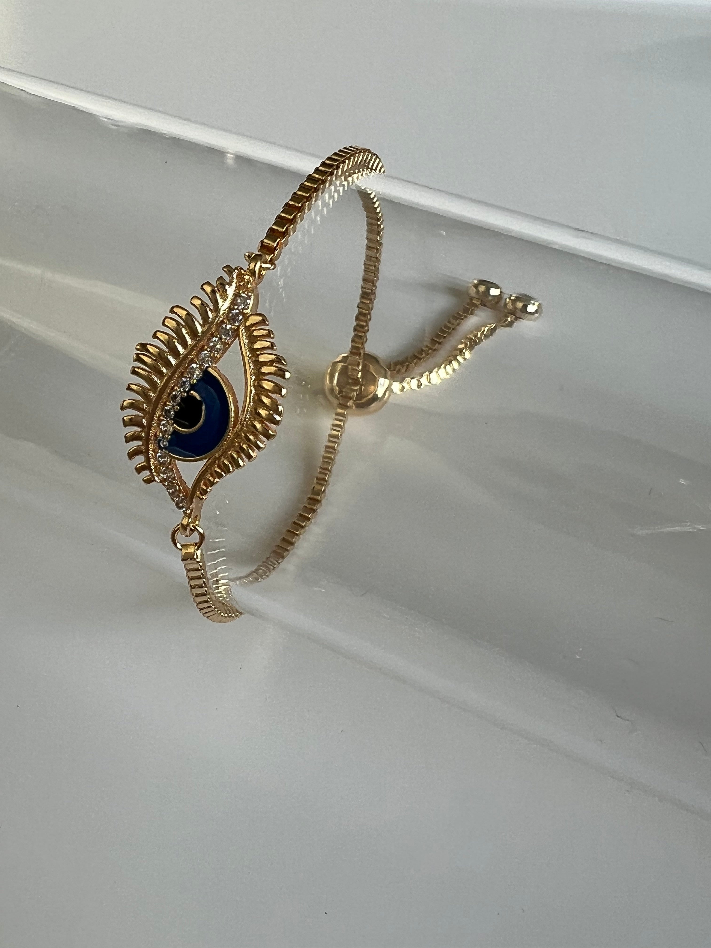 Abstract Evil Eye Gold Slider Bracelet with Box Chain