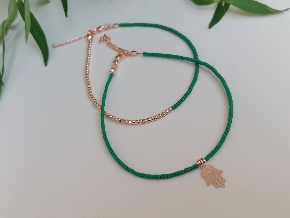Simple Elegant Beaded Anklet with Hamsa Hand