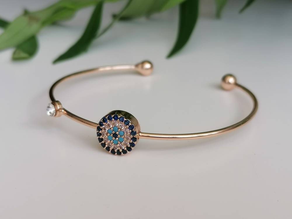 Elegant Evil Eye Rose Gold Cuff Bangle