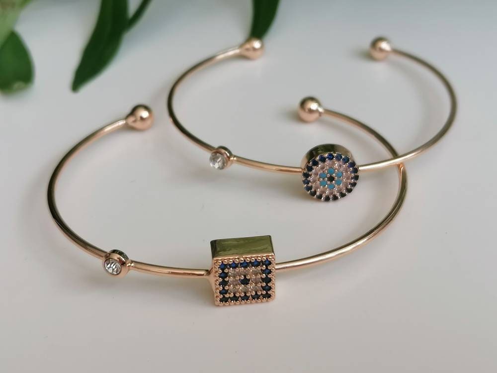 Elegant Evil Eye Rose Gold Cuff Bangle