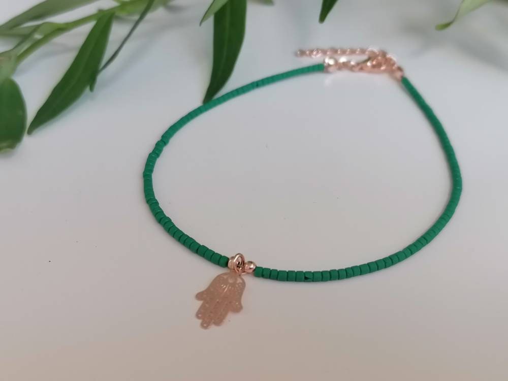 Simple Elegant Beaded Anklet with Hamsa Hand