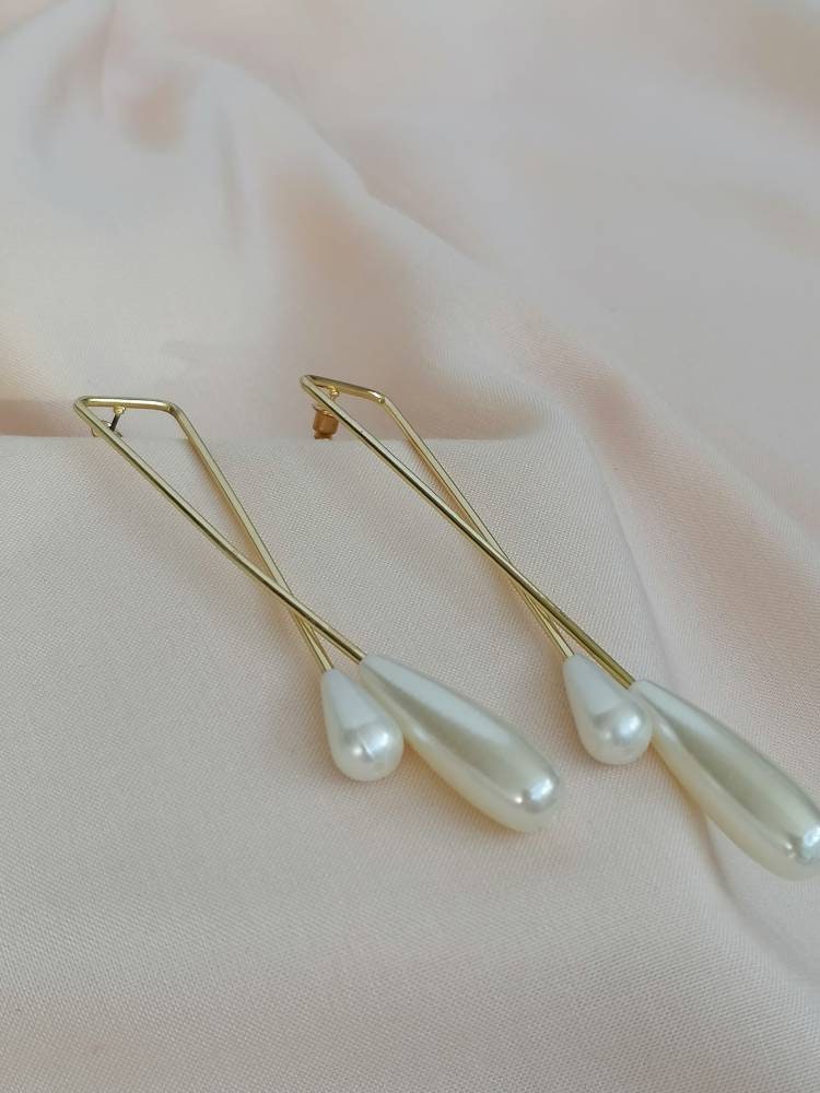 Large Statement Gold Pearl Dangle Earrings / Faux Pearl Long Crossover Drop Earrings