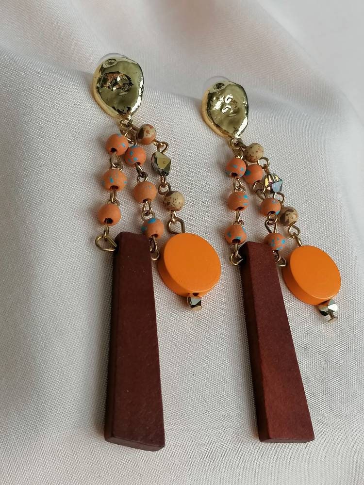 Statement Lightweight Brown and Orange Dangle Earrings