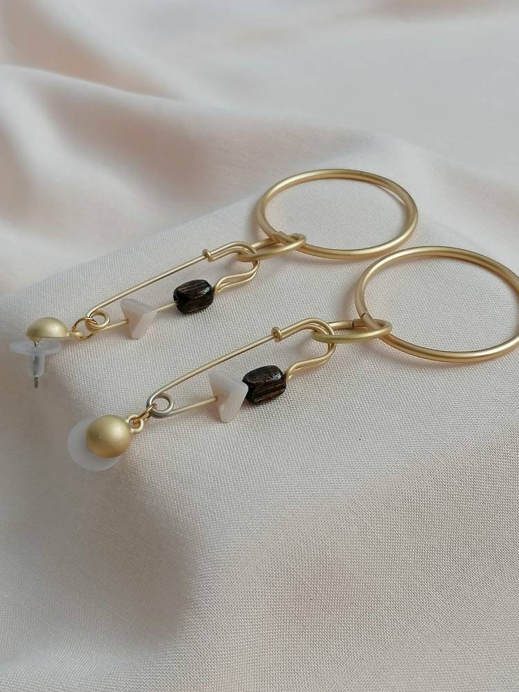 Large Matt Gold Safety Pin Abstract Dangle Earrings