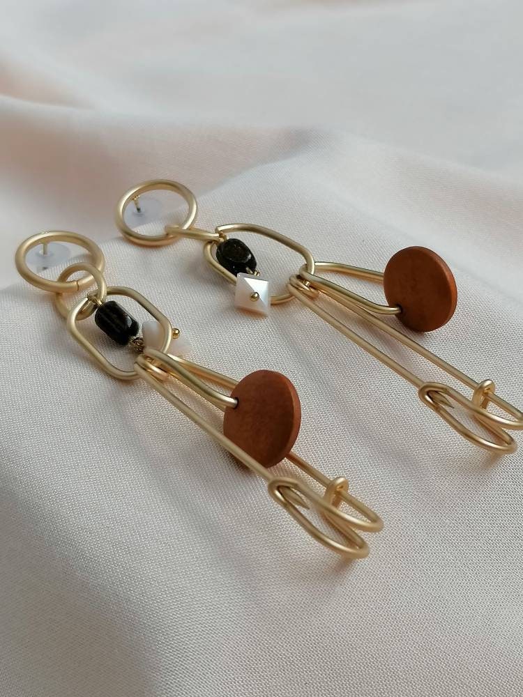 Large Matt Gold Safety Pin Abstract Dangle Earrings