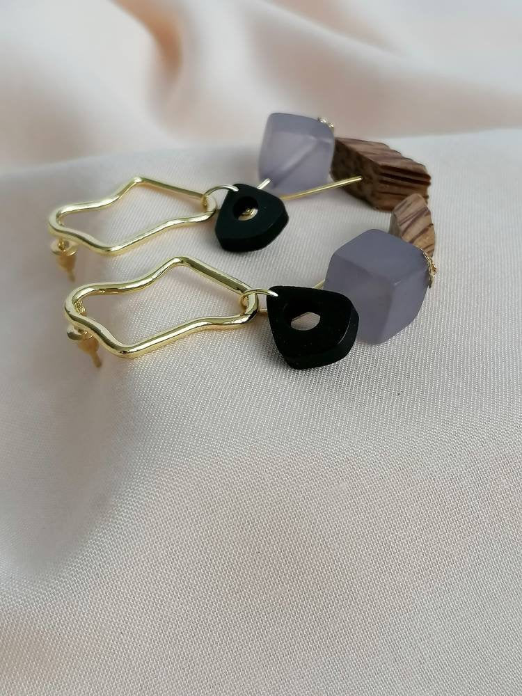 Abstract Gold & Wood Drop Light Earrings