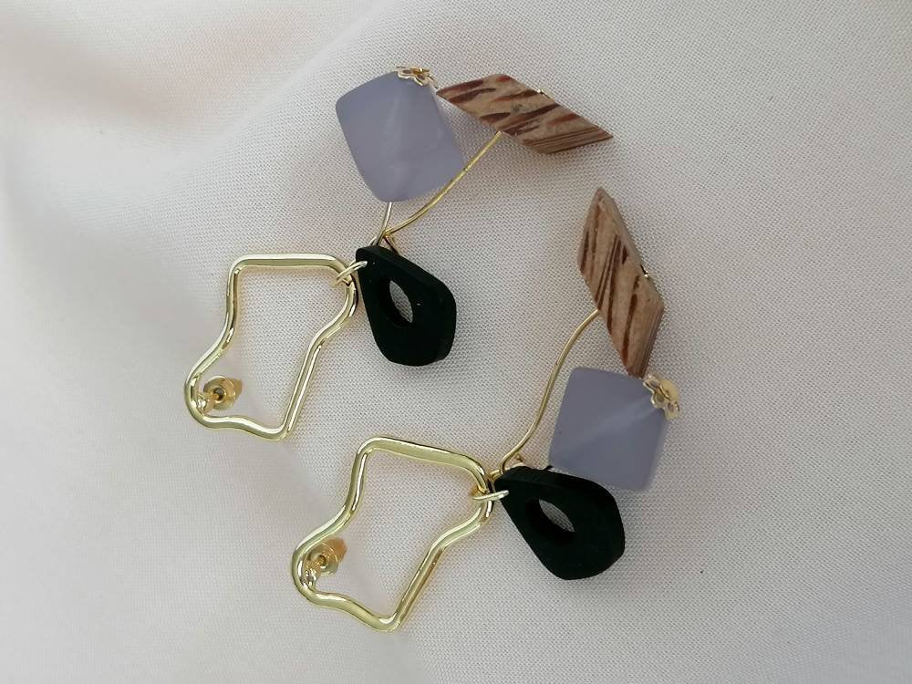 Abstract Gold & Wood Drop Light Earrings