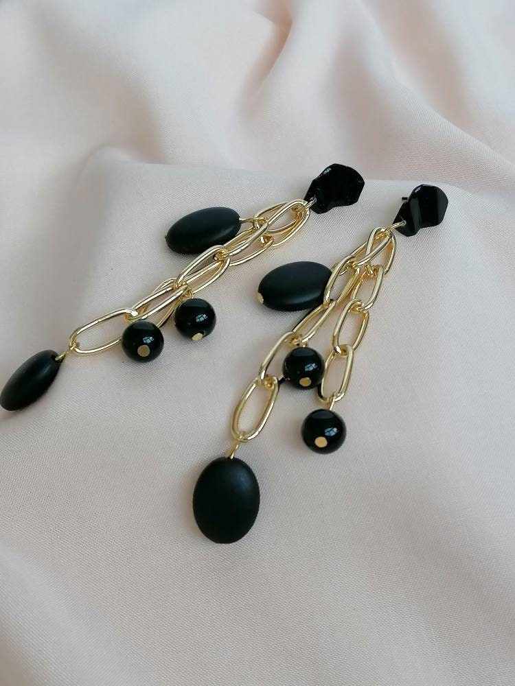 Dangle Black and Gold Chain Drop Earrings