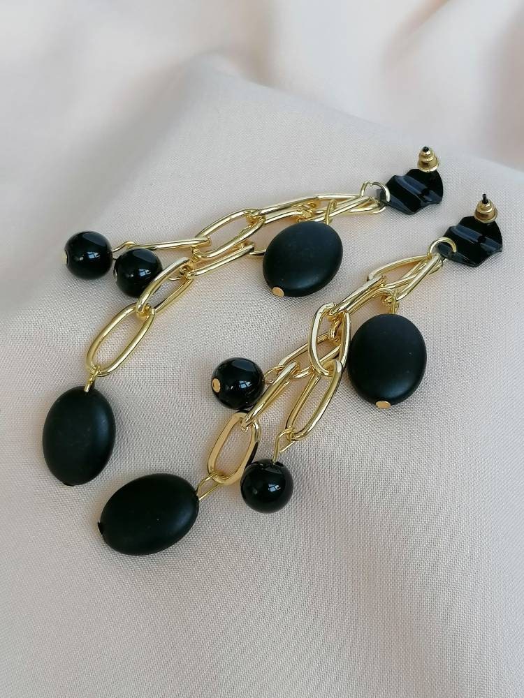 Dangle Black and Gold Chain Drop Earrings