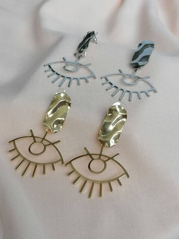 Hammered Drop Evil Eye Earrings - Gold Plated Brass Earrings / Protection / Gift for Her / Statement Trendy Fashion Earrings