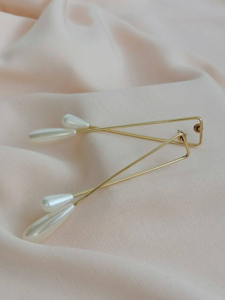 Large Statement Gold Pearl Dangle Earrings / Faux Pearl Long Crossover Drop Earrings