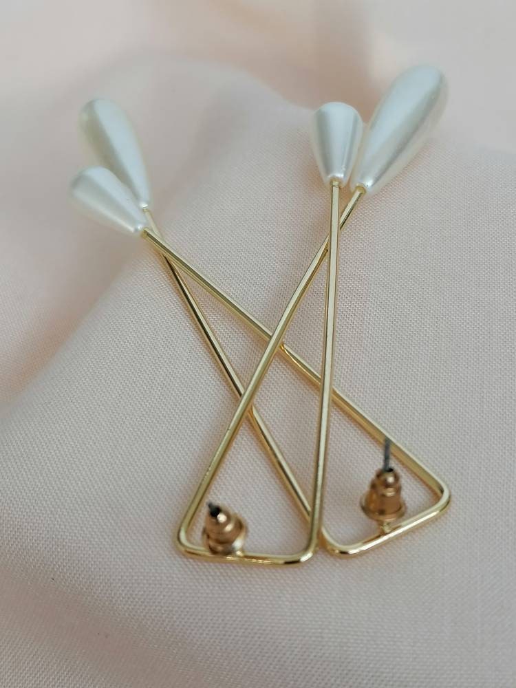 Large Statement Gold Pearl Dangle Earrings / Faux Pearl Long Crossover Drop Earrings