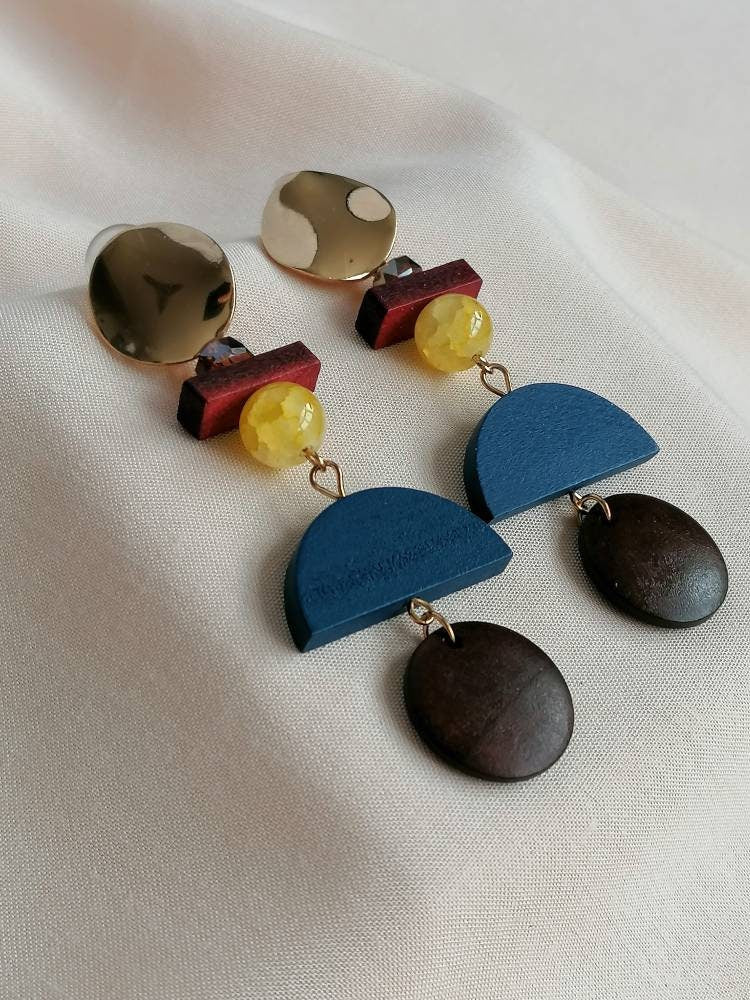 Bold Statement Lightweight Drop Wood Earrings - Colourful Dangle Earrings