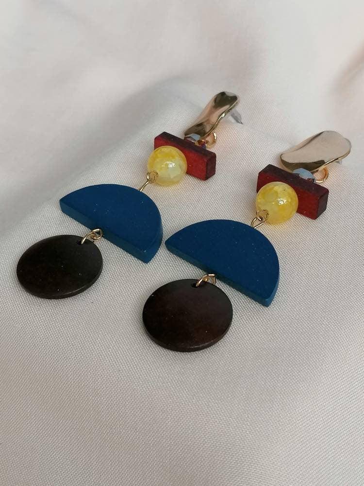 Bold Statement Lightweight Drop Wood Earrings - Colourful Dangle Earrings