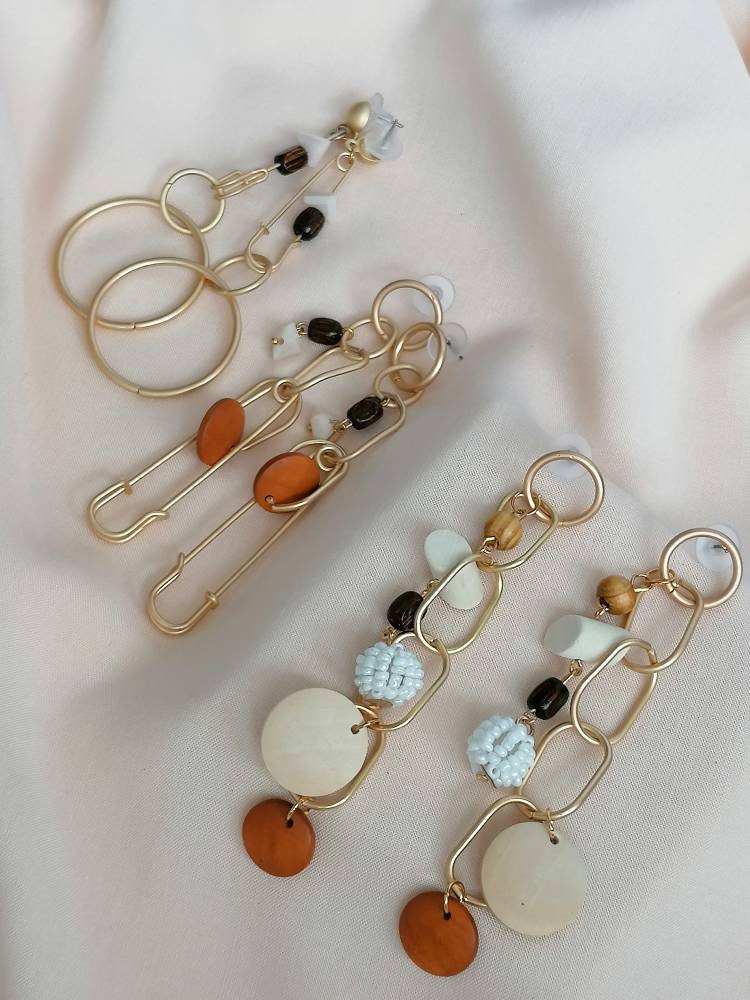 Large Matt Gold Safety Pin Abstract Dangle Earrings