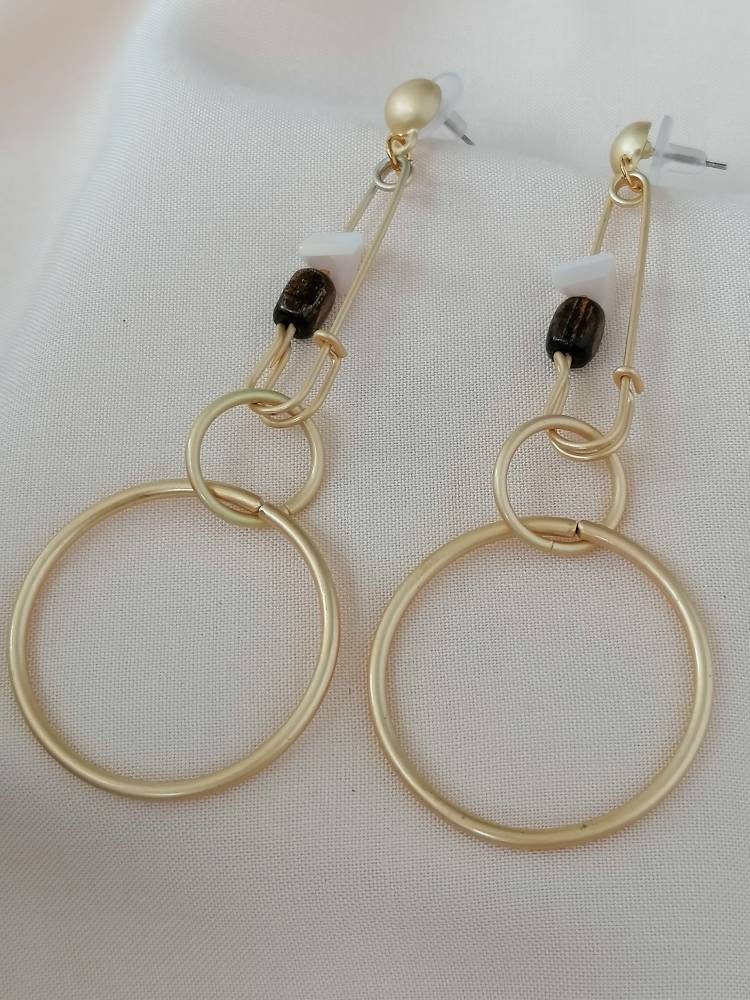 Large Matt Gold Safety Pin Abstract Dangle Earrings