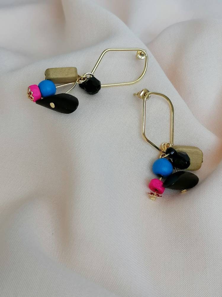 Abstract Black, Bright Blue & Pink Wood Charm Dangle Earrings