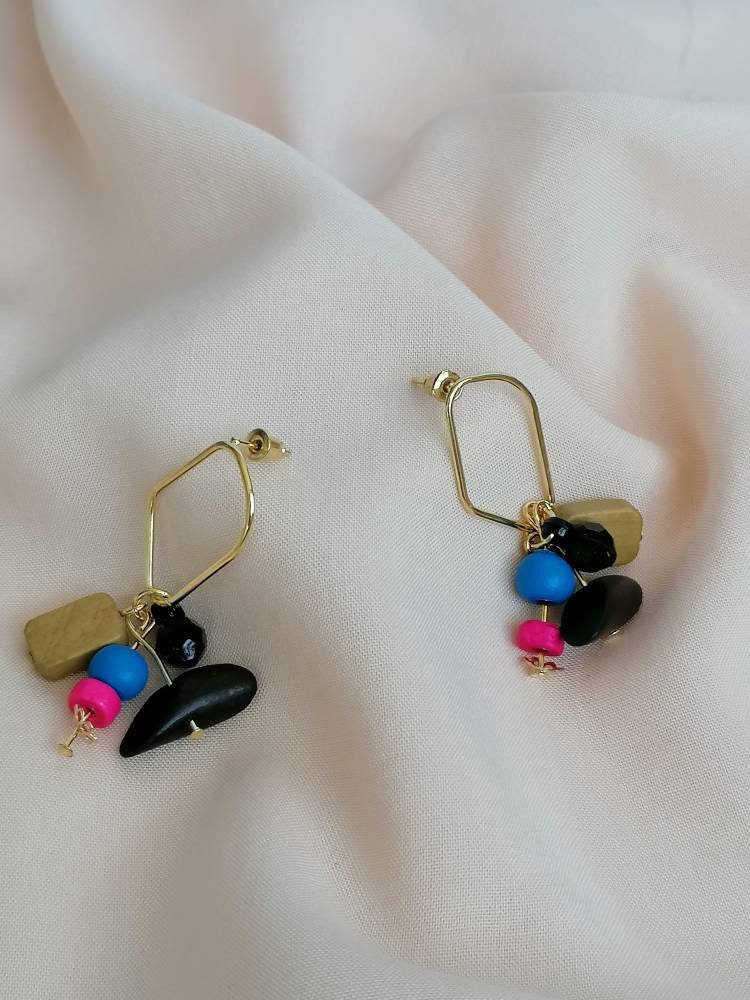 Abstract Black, Bright Blue & Pink Wood Charm Dangle Earrings