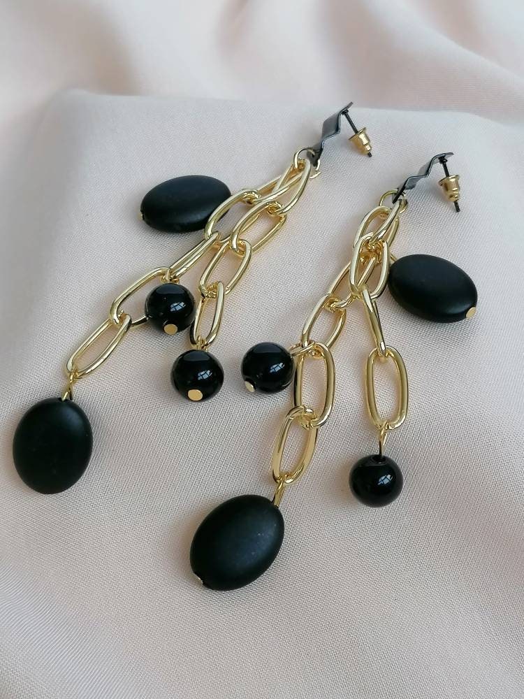 Dangle Black and Gold Chain Drop Earrings