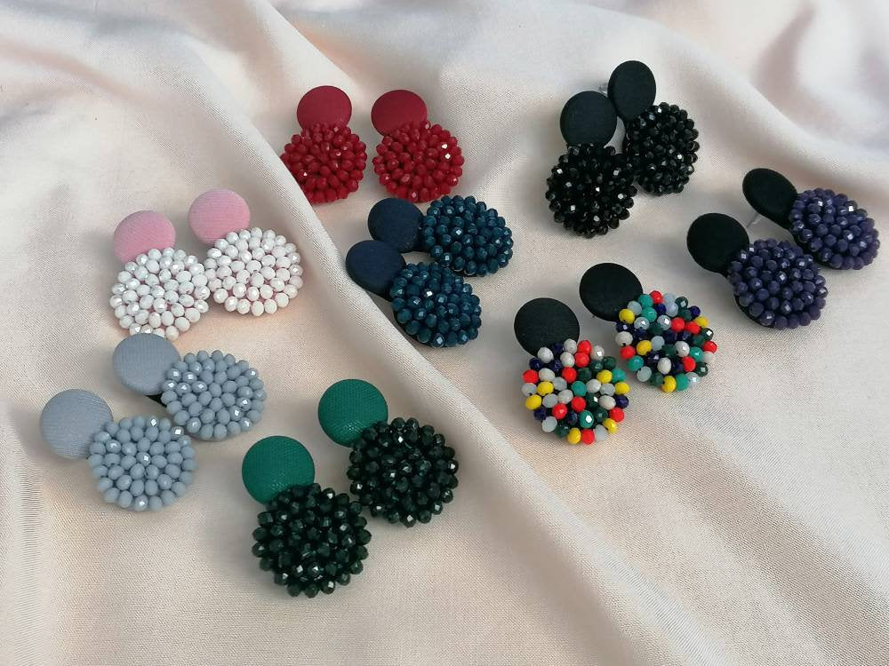 Button Drop Earrings with Crystal Bead Cluster