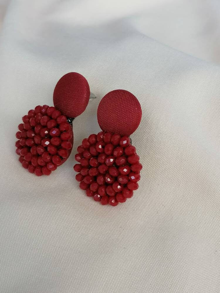 Button Drop Earrings with Crystal Bead Cluster