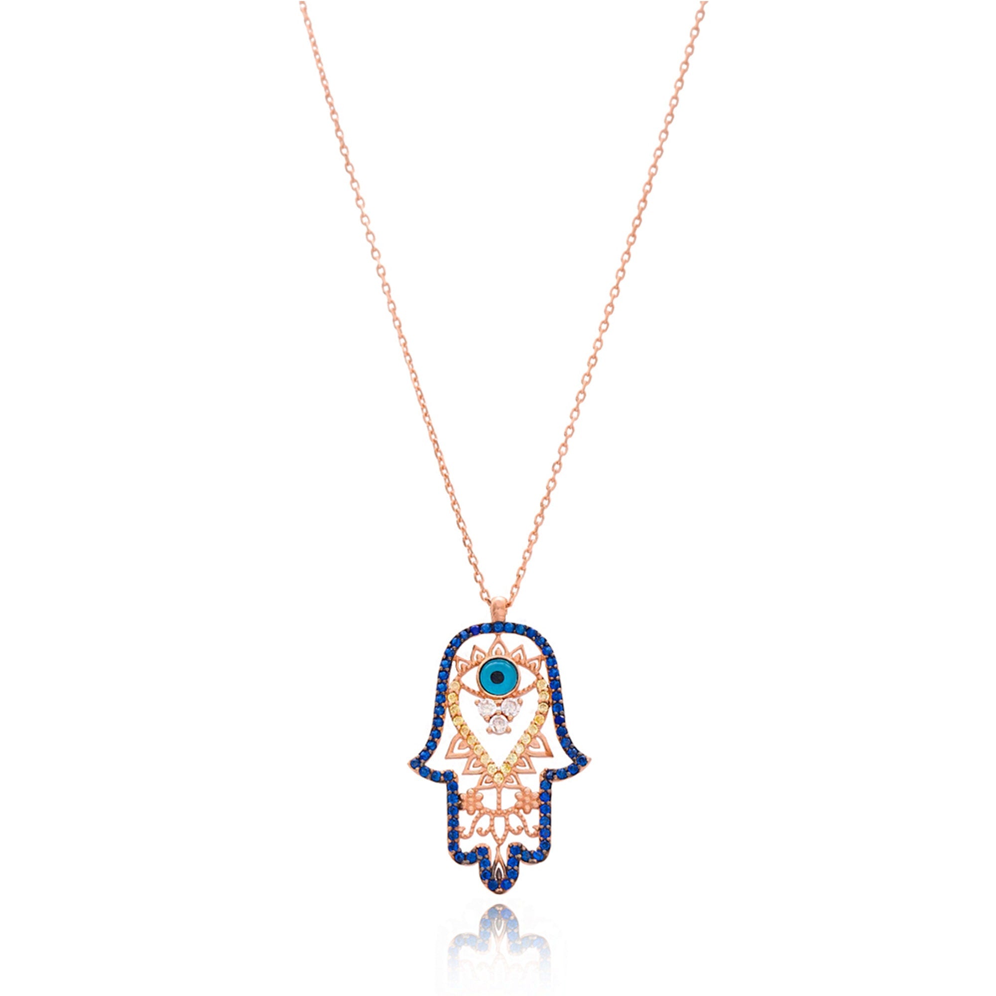 Detailed Evil Eye Hamsa Hand Pendant & Necklace - 925 Sterling Silver