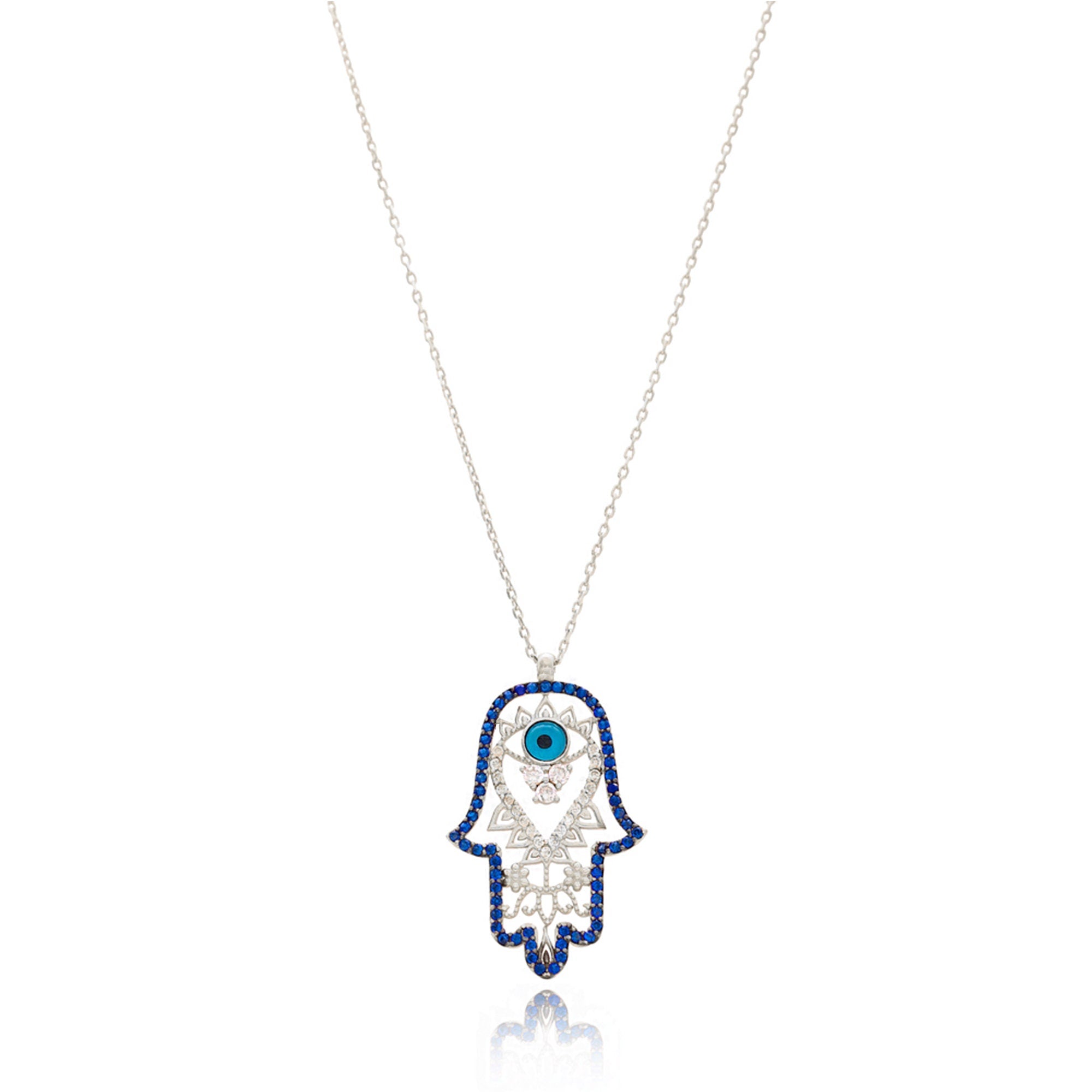 Detailed Evil Eye Hamsa Hand Pendant & Necklace - 925 Sterling Silver