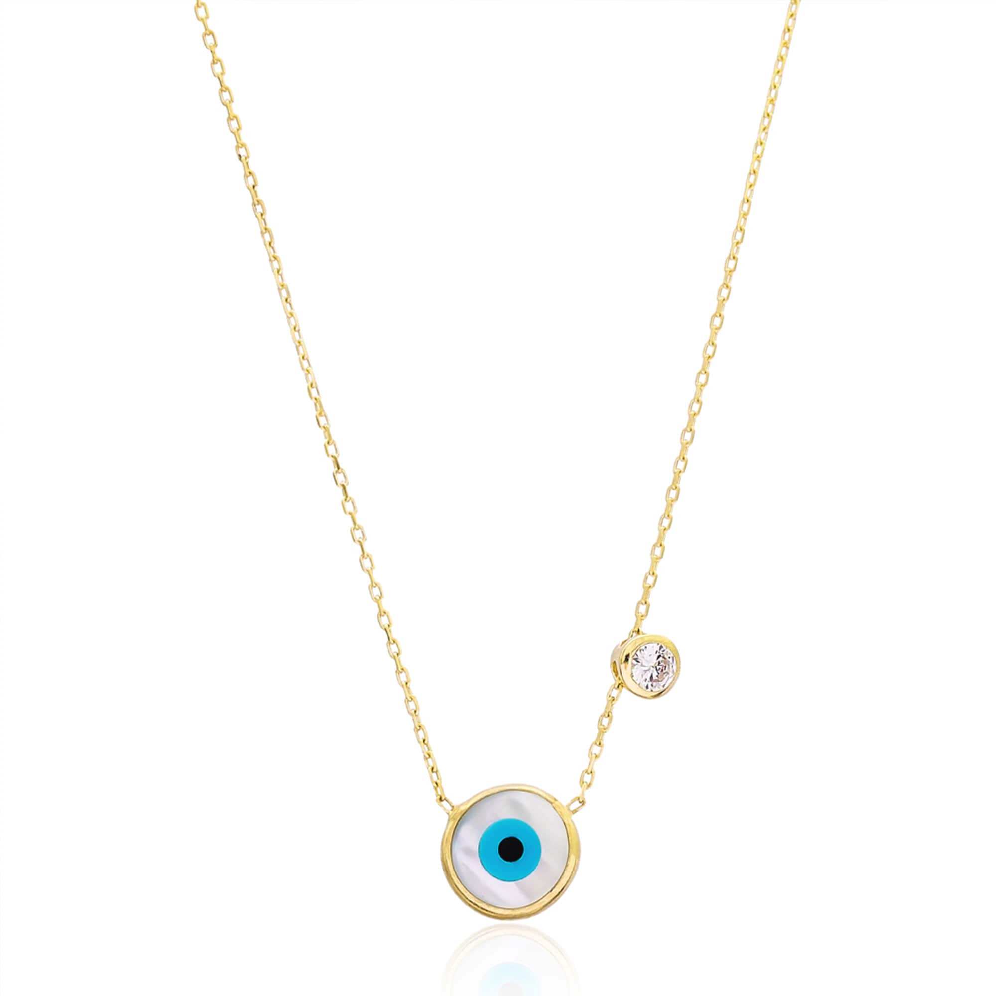 White Evil Eye Necklace with Sliding Cubic Zirconia Stone  - 925 Sterling Silver