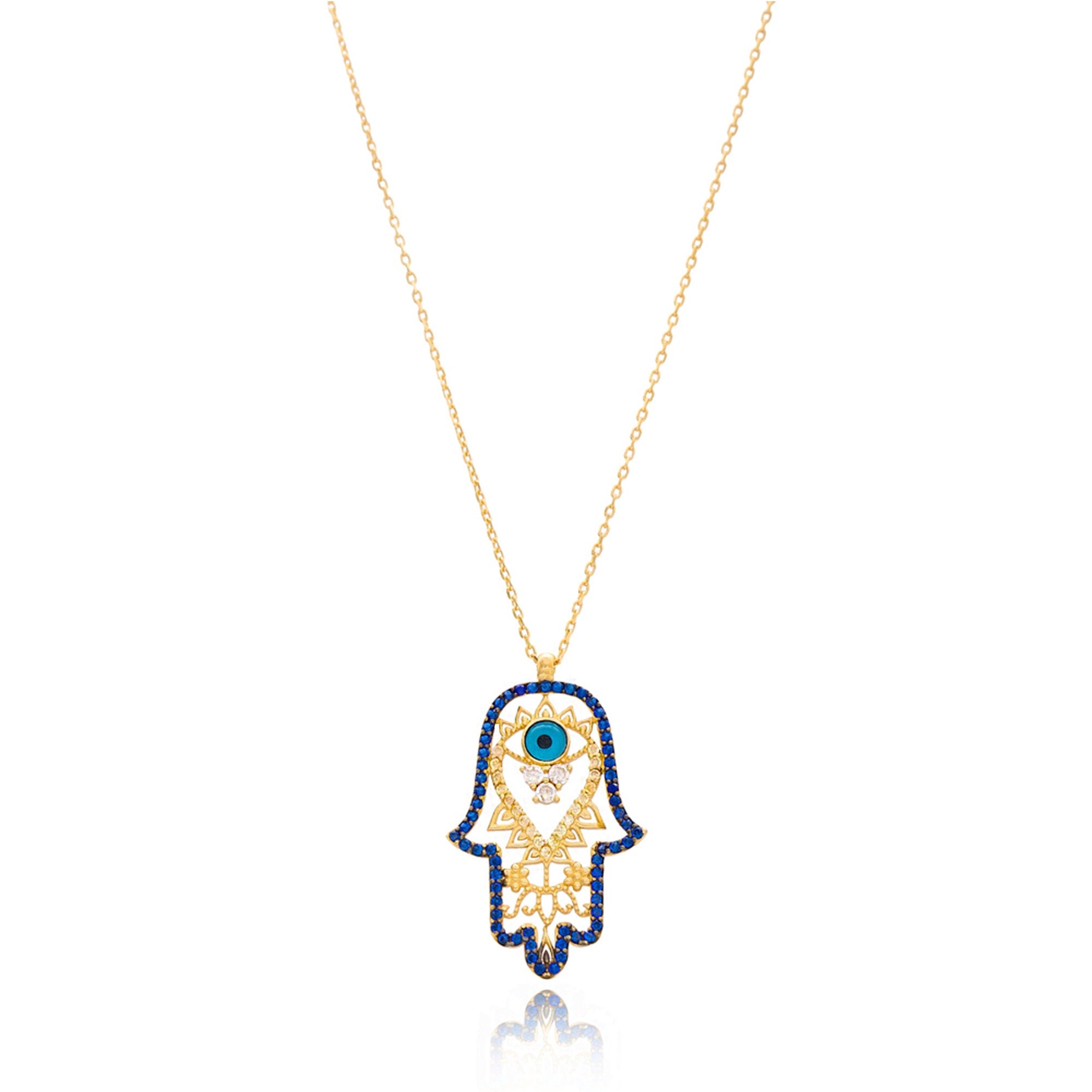 Detailed Evil Eye Hamsa Hand Pendant & Necklace - 925 Sterling Silver