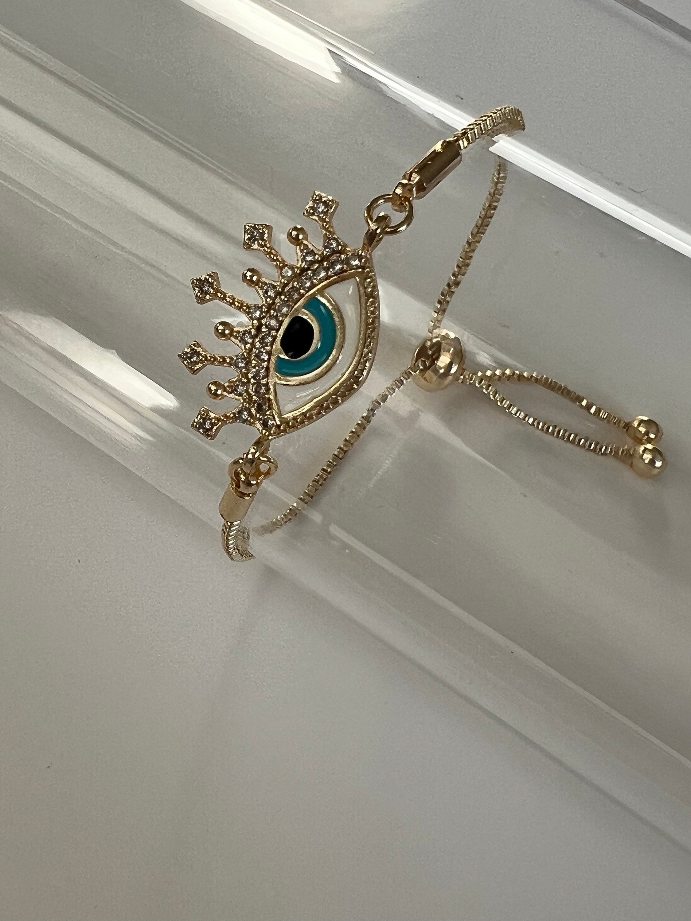 Abstract Evil Eye Gold Slider Bracelet with Box Chain