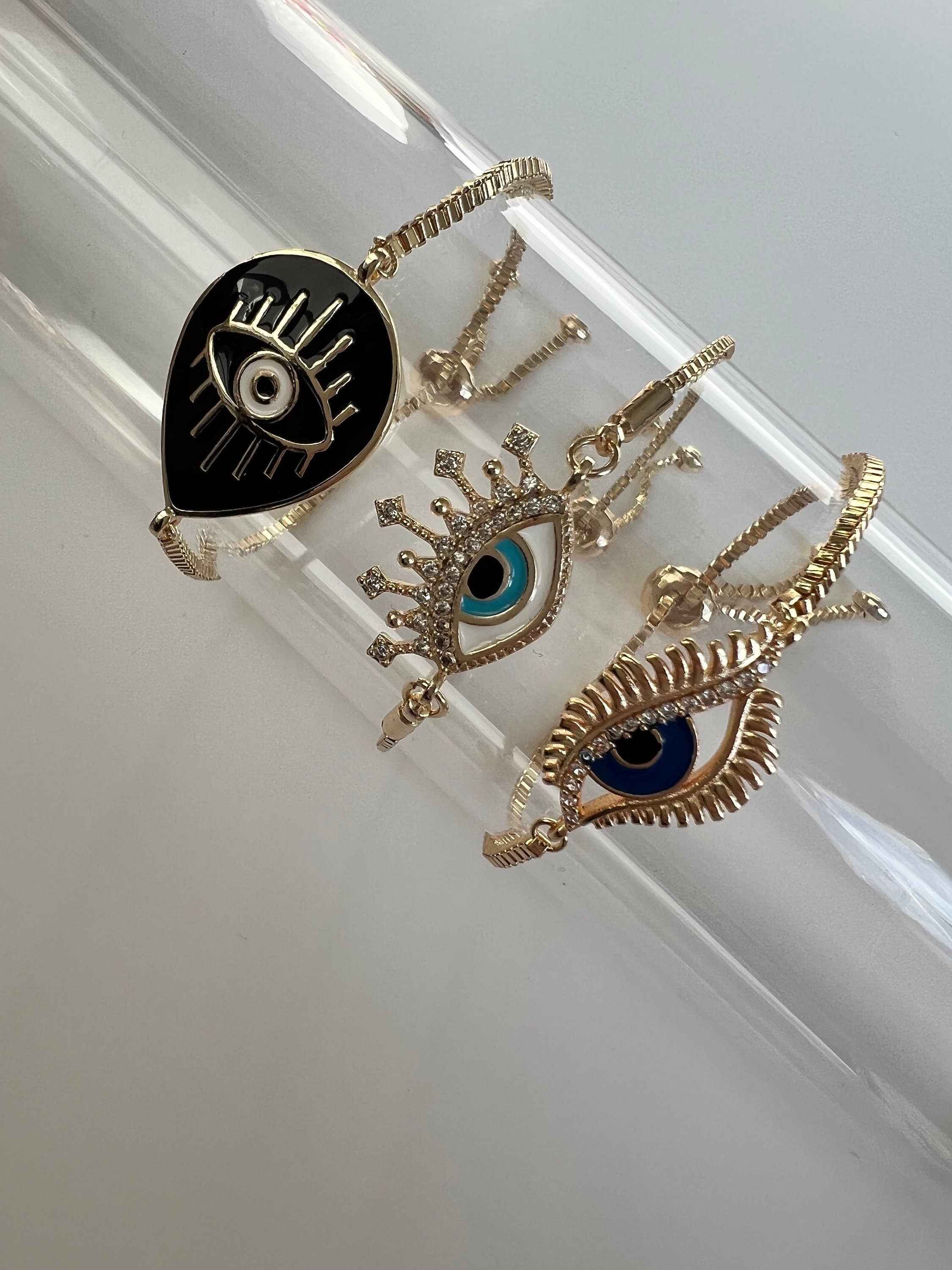 Abstract Evil Eye Gold Slider Bracelet with Box Chain