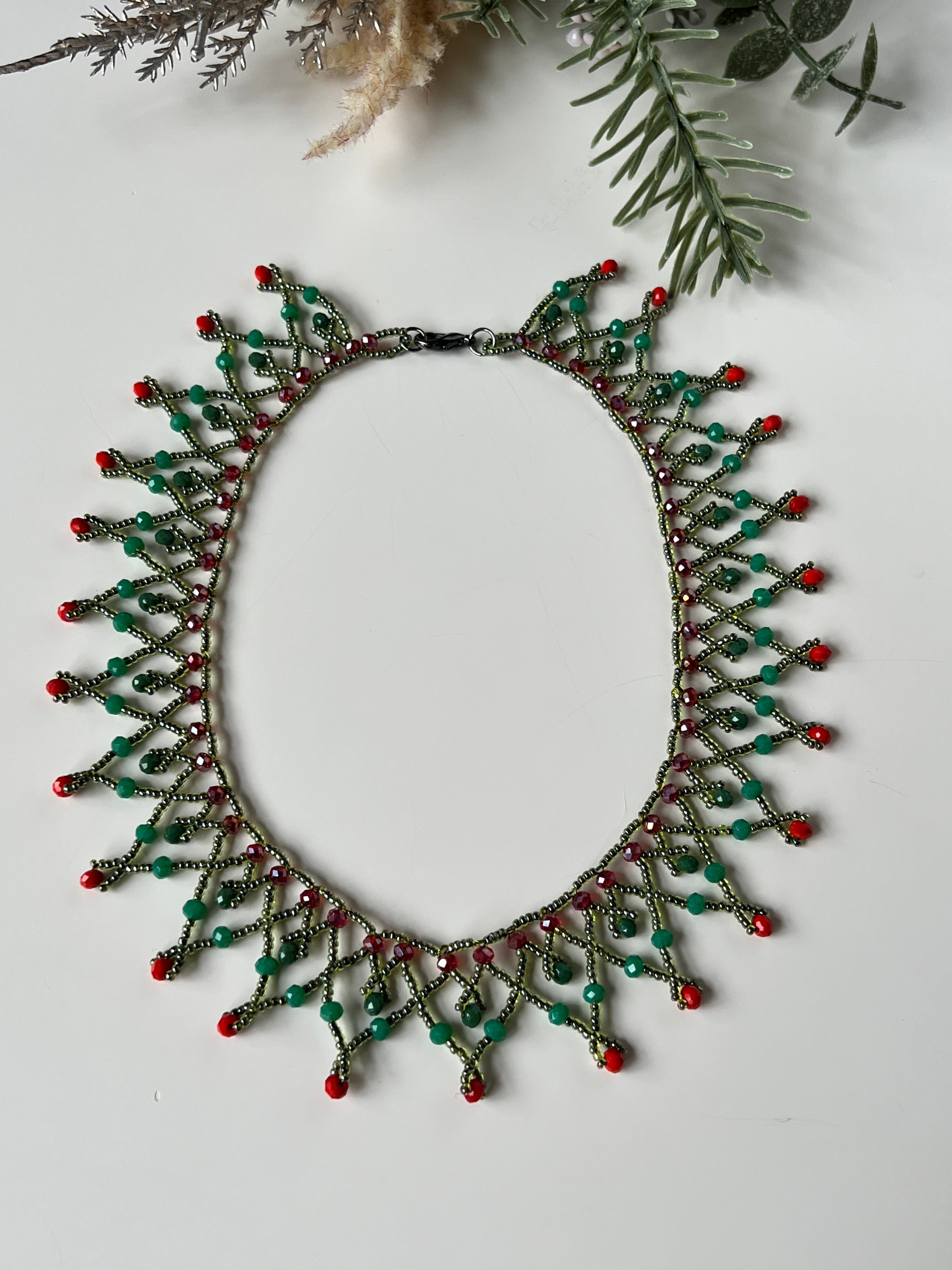 Green & Red Beaded Handmade Statement Necklace