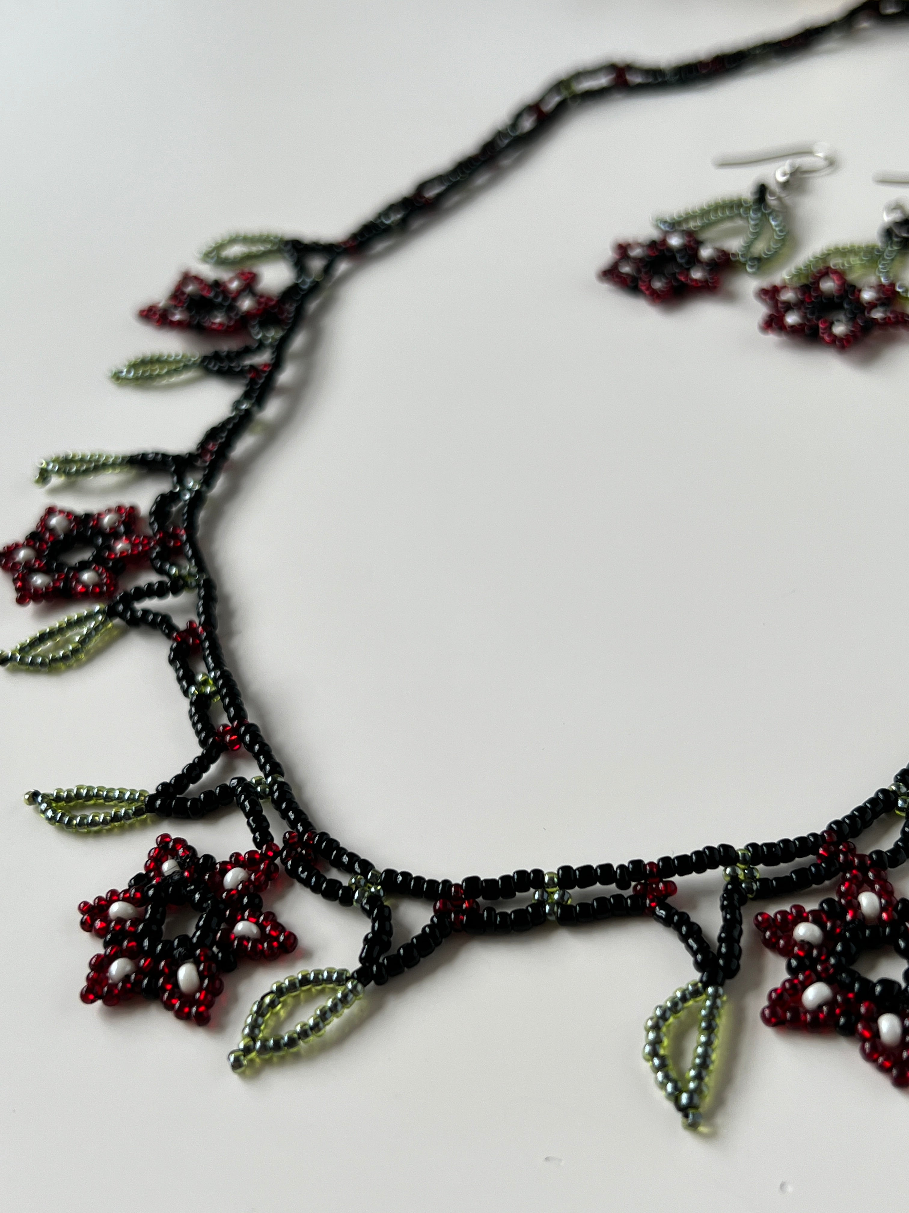 Black Beaded Flower Necklace & Earring Set