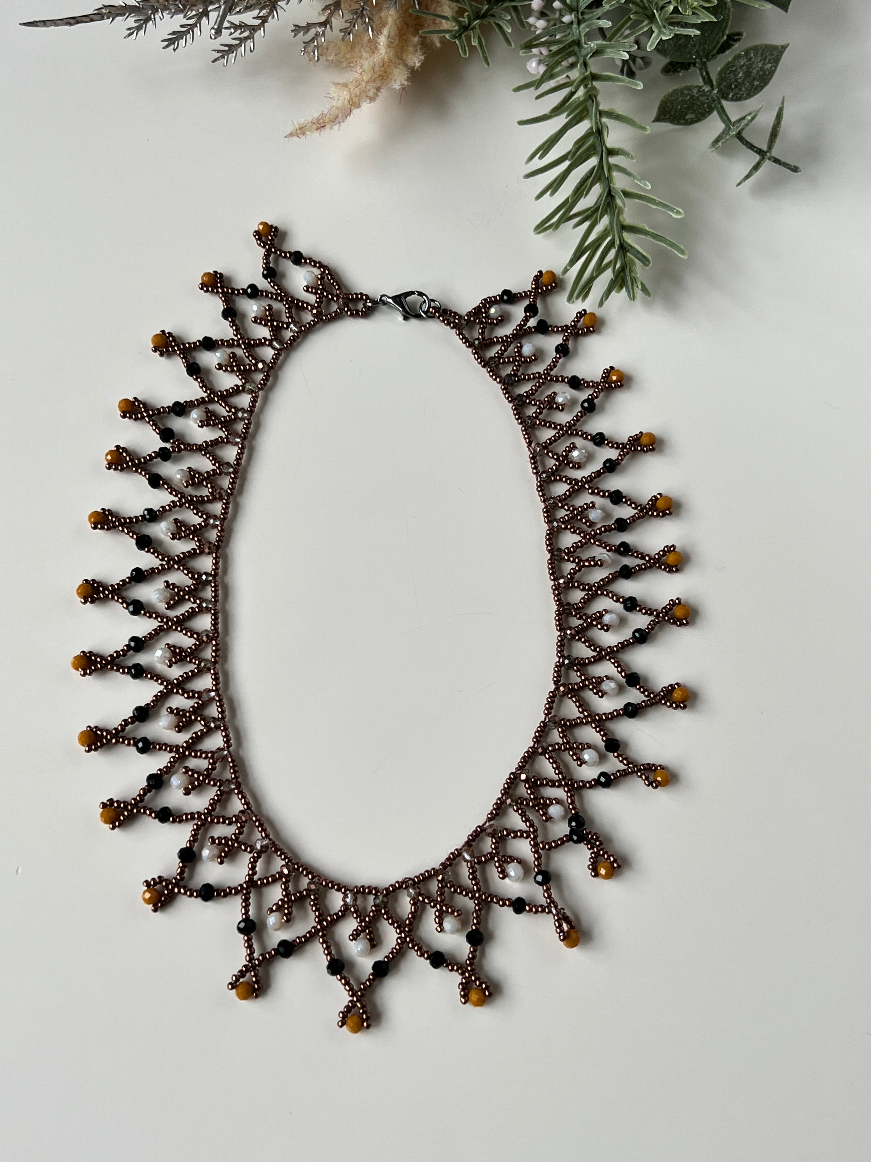 Brown Beaded Handmade Statement Necklace