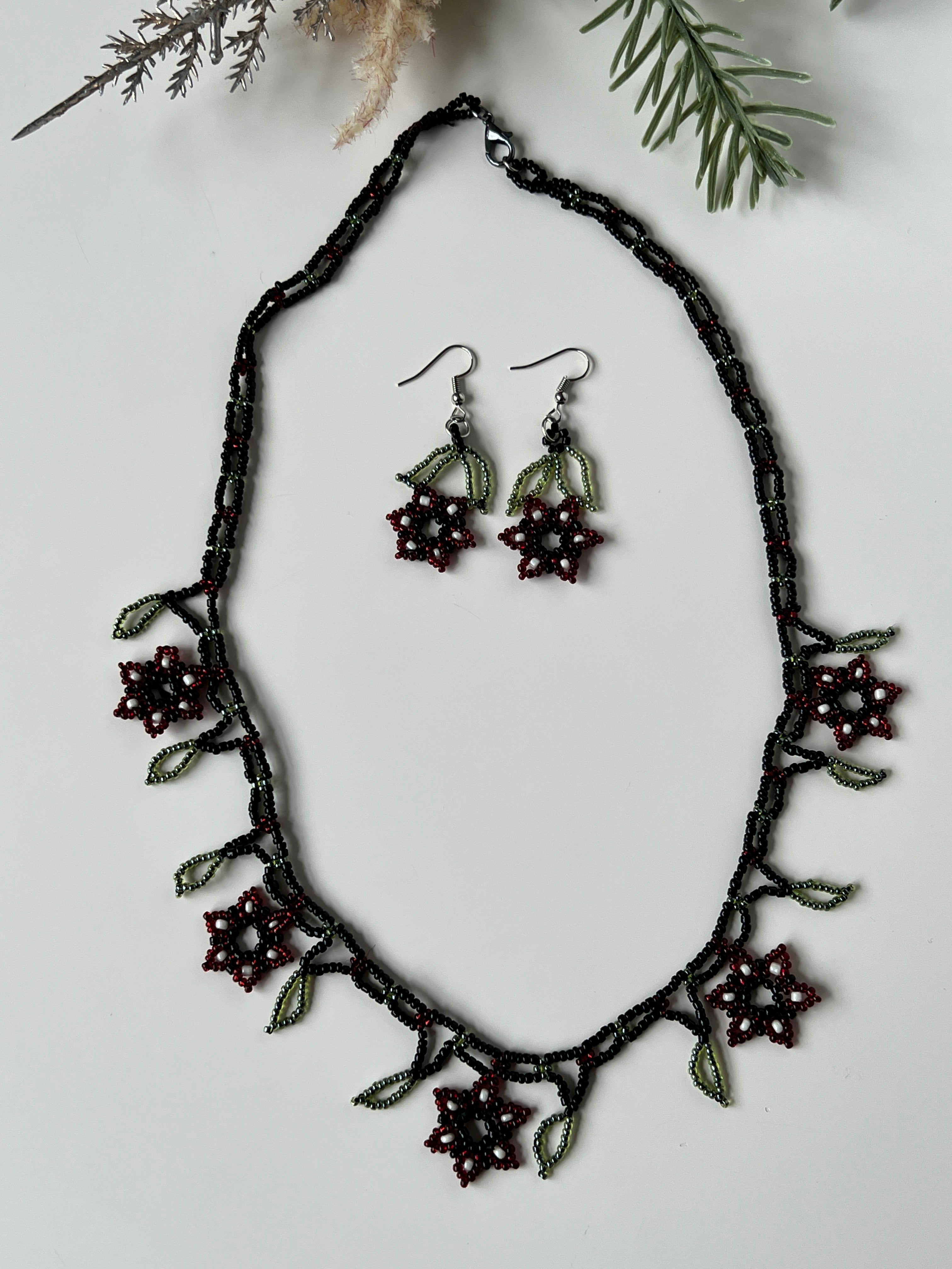 Black Beaded Flower Necklace & Earring Set