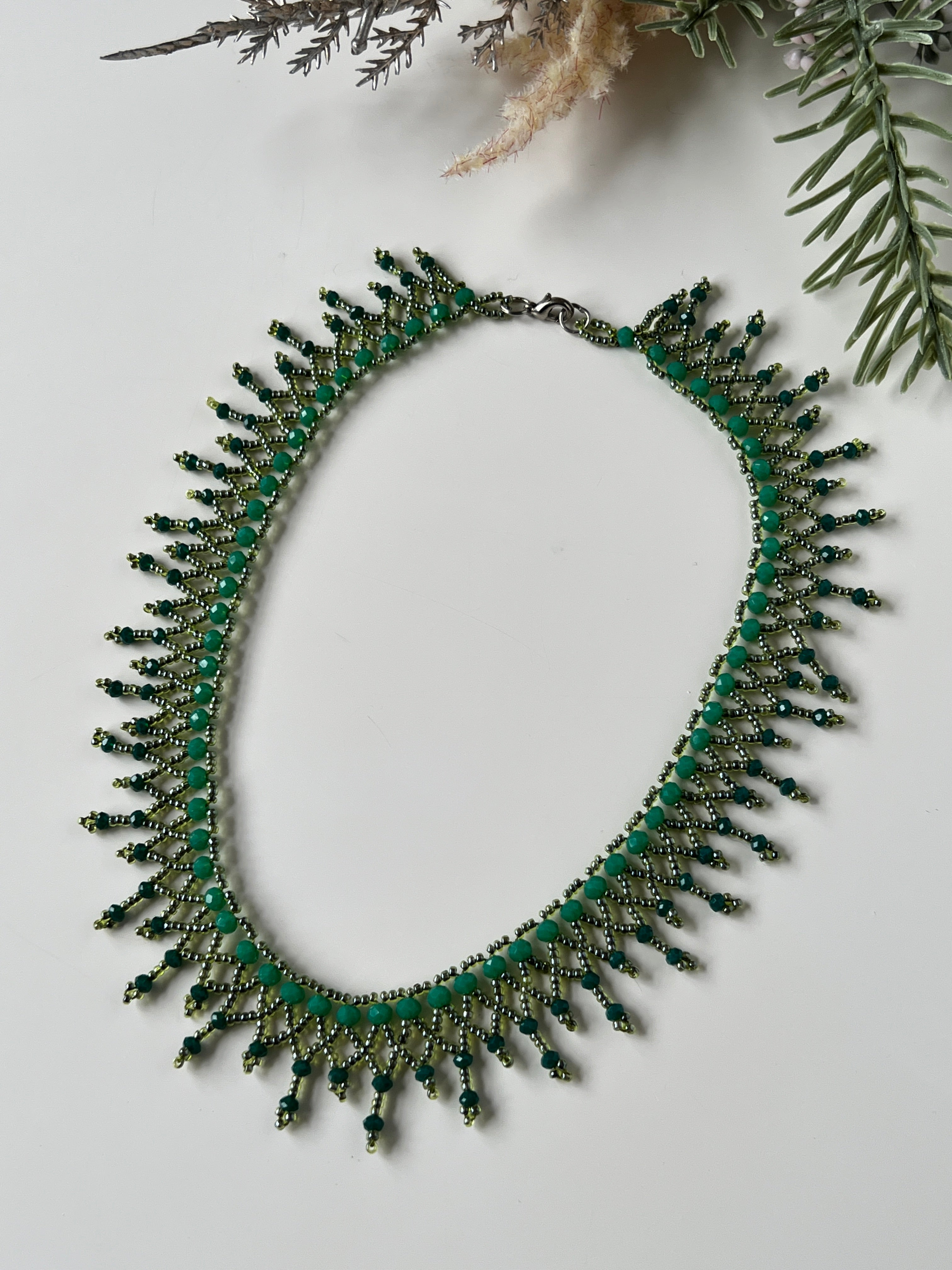 Green Beaded Handmade Statement Necklace