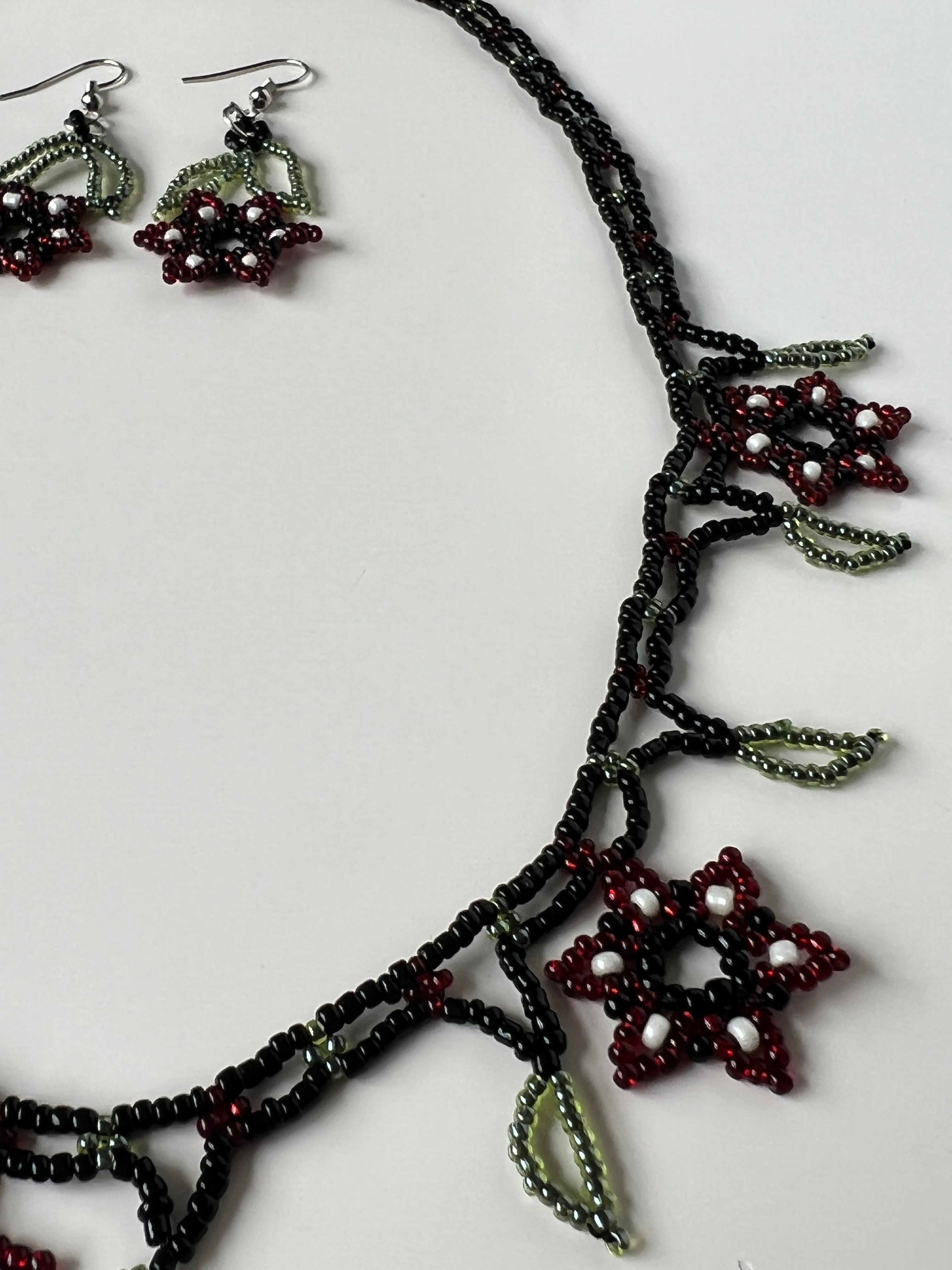 Black Beaded Flower Necklace & Earring Set